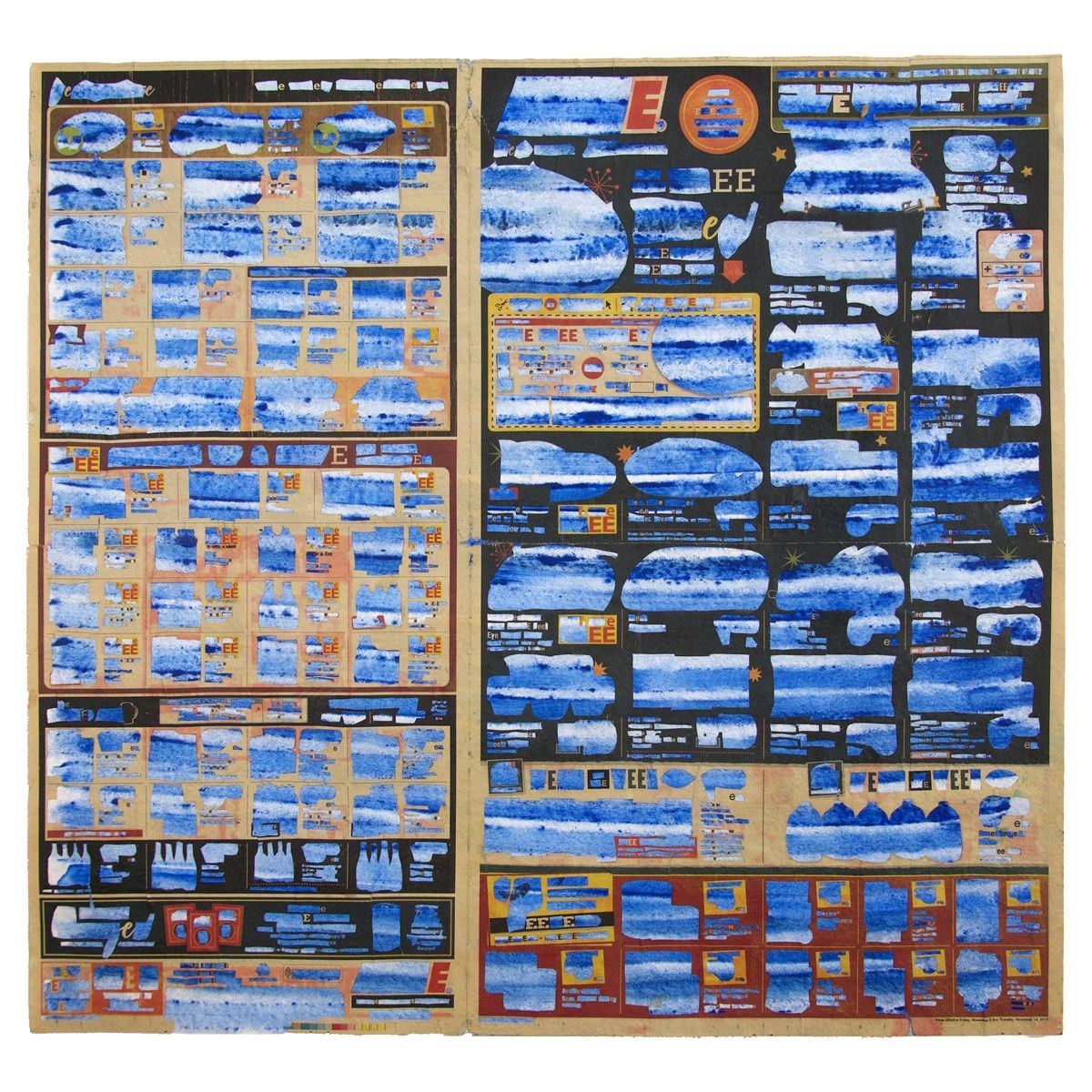 Misha Wyllie, E’s with Orange Stars (Blue ink horizontal stripes), 2020, cut paper, mixed media and acrylic paint on paper, 20" x 21", Courtesy of the artist