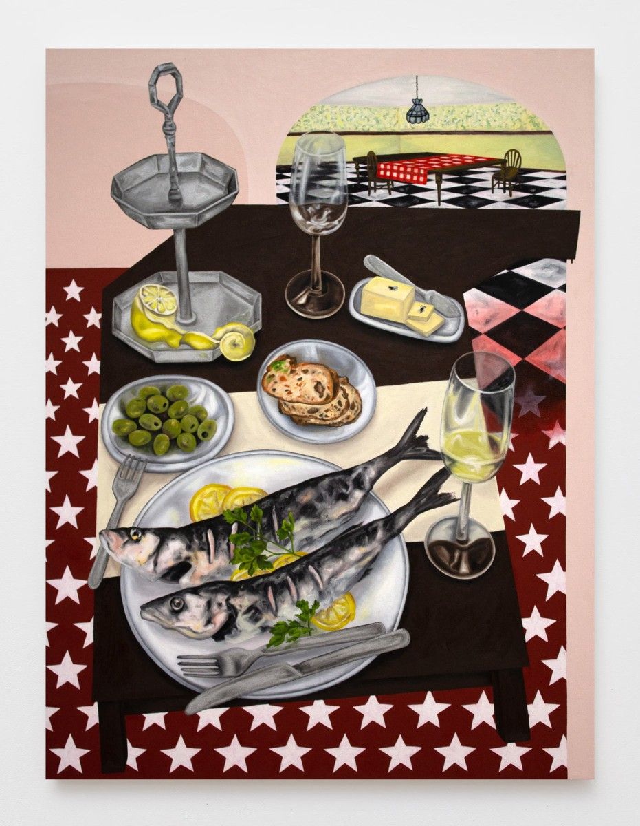 Katie Butler, Kitchen Table Issues, 2024, Oil on canvas, 40" x 30", Courtesy of the artist and Abattoir Gallery