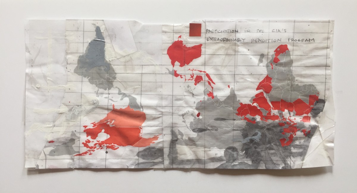 Ana Vizcarra Rankin, World​ ​Map​ ​[extraordinary​ ​rendition]​, ​2014, collage​ ​packing​ ​tape​, ​11x17in​ ​(framed) 