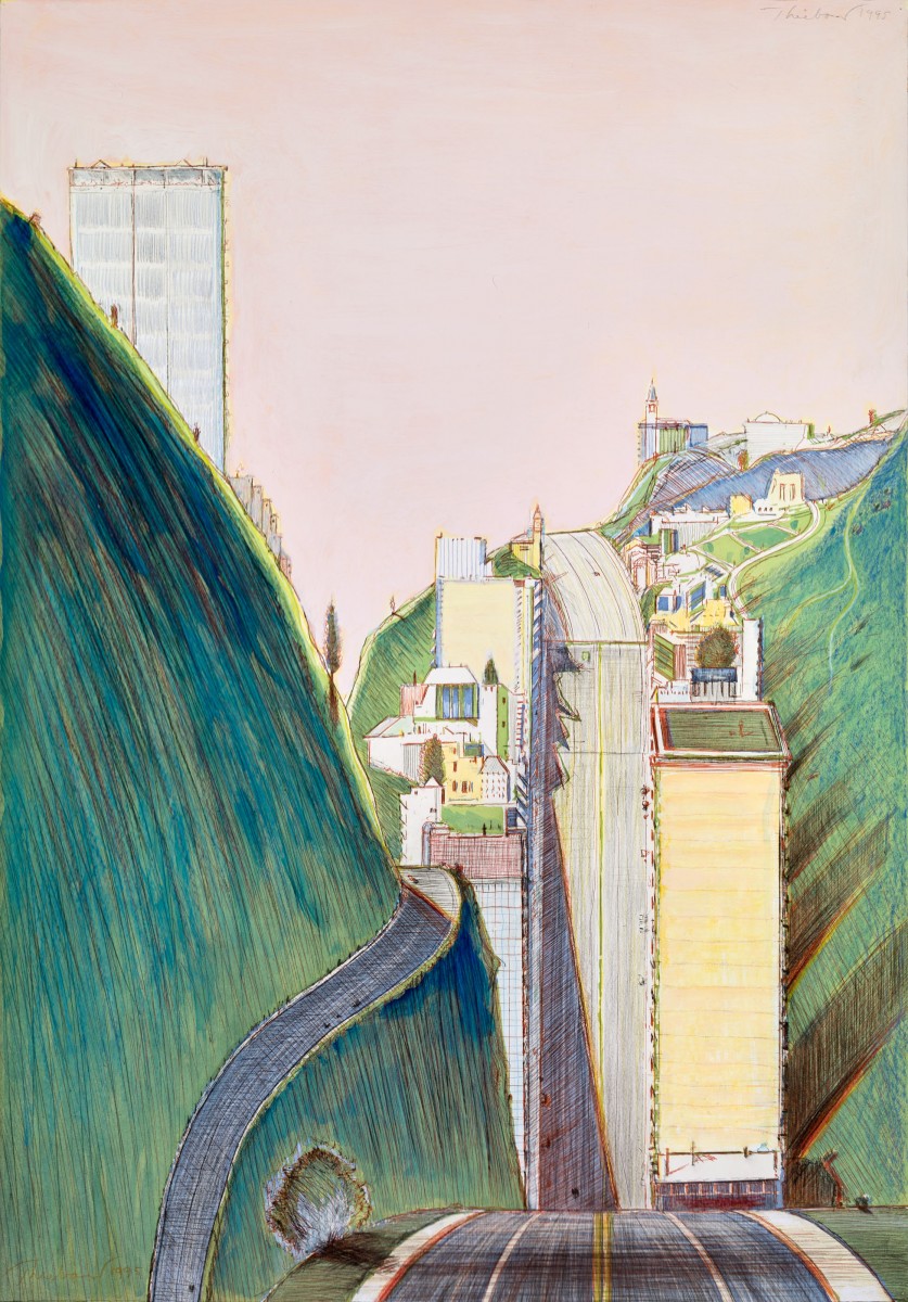 Wayne Thiebaud, Park Place, 1995. Handworked color etching, 29 1/2 x 20 3/4 in. Crocker Art Museum 