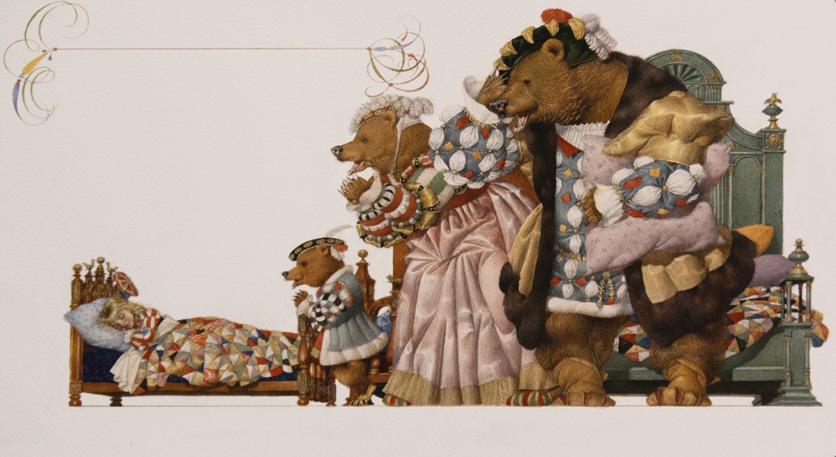 Gennady Spirin (b. 1948), “Who’s been sleeping in my bed,” says Papa Bear, 2009, Watercolor on paper, Collection of the artist. Illustration for Goldilocks and the Three Bears by Gennady Spirin (Two Lions, 2009)