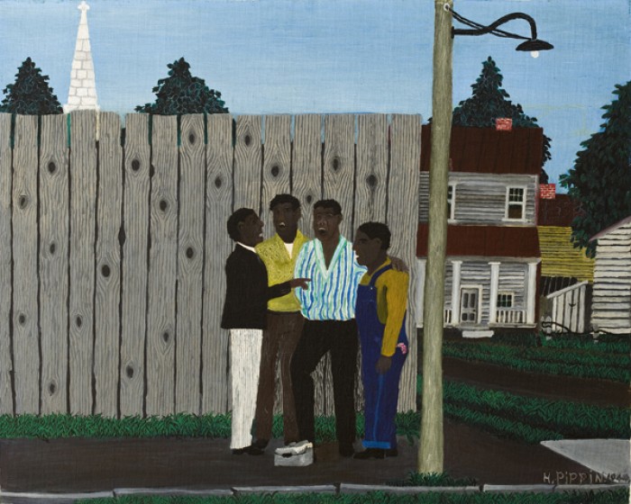 Horace Pippin (1888-1946), Harmonizing, 1944, oil on fabric, 24 x 30 in. Allen Memorial Art Museum, Oberlin College, Ohio. Gift of Joseph and Enid Bissett, 1964