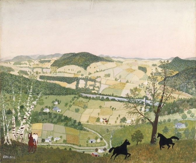 Grandma Moses (Anna Mary Robertson Moses) (American, 1860–1961), Black Horses, 1942, oil on Masonite, courtesy of Galerie St. Etienne, New York. © Grandma Moses Properties Co., New York.