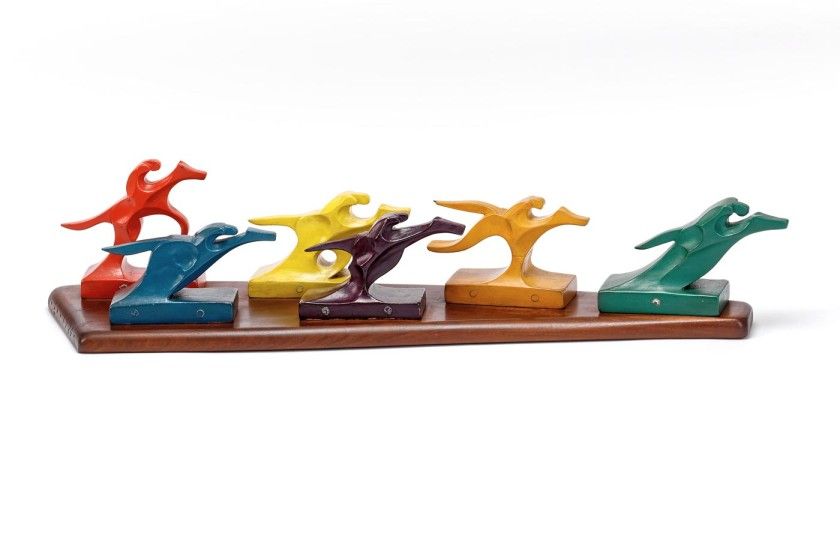 Wharton Esherick, The Race, 1925. Painted wood on walnut base, 6 3/4 x 30 3/4 x 8 1/2 in. Wharton Esherick Museum Collection. Photo by Eoin O’Neill, courtesy of the Wharton Esherick Museum.