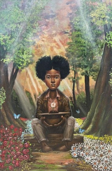 Frank Morrison, illustration for The Secret Garden of George Washington Carver, 2020 (written by Gene Barretta), oil on illustration board. 