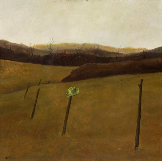 Karl J. Kuerner (b. 1957), Fence Hat, 1979. Oil on panel, 23 x 23 1/2 in. Collection of Mr. & Mrs. Paul McLellan