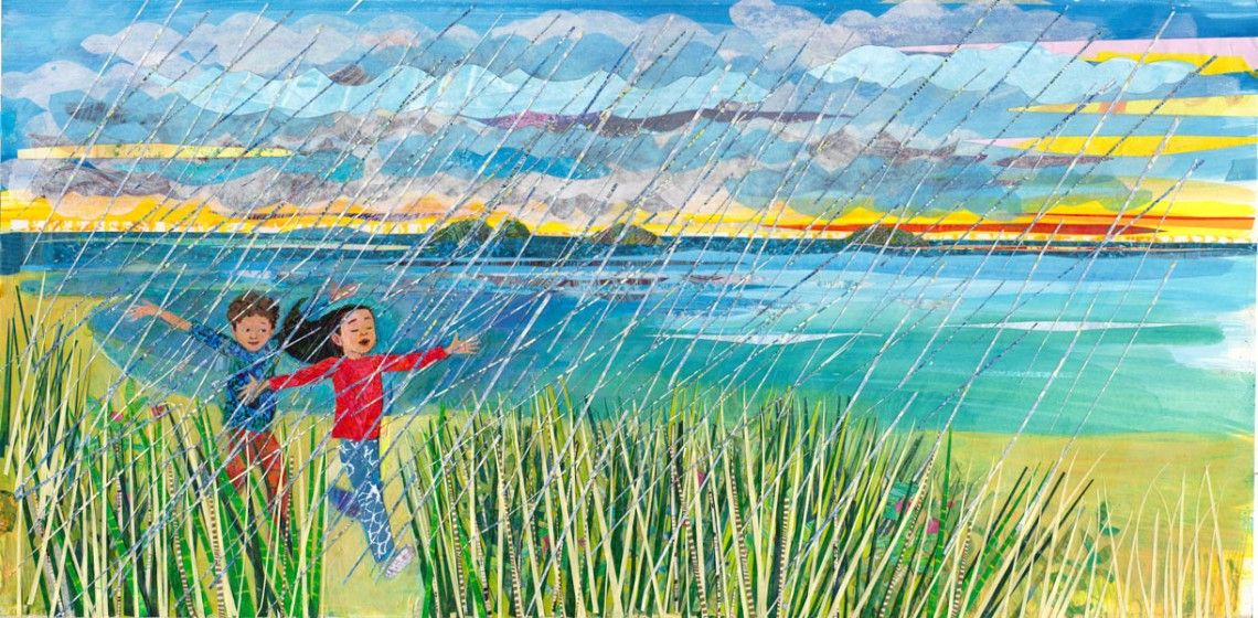 Micha Archer, Is rain the days tears, acrylic and collage (from Wonder Walkers, written and illustrated by Micha Archer, New York: Nancy Paulsen Books, imprint of Penguin Random House, 2021).  