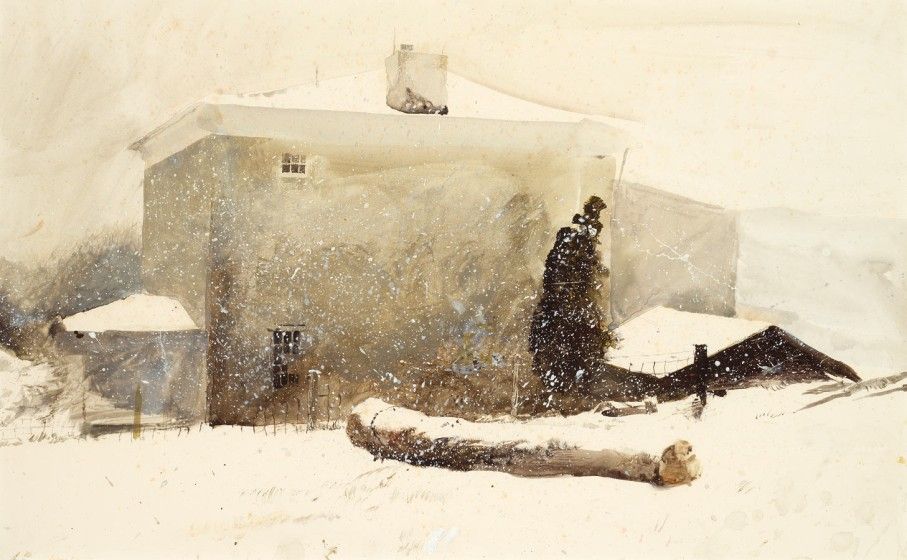 Andrew Wyeth, First Snow, Study for Groundhog Day, 1959. Drybrush watercolor on paper, 13 3/8 x 21 1/8 in. Collection of the Delaware Art Museum, Gift of Mr. and Mrs. William E. Phelps, 1964. 1964-12. © 2024 Wyeth Foundation for American Art/ Artists Rights Society (ARS), New York