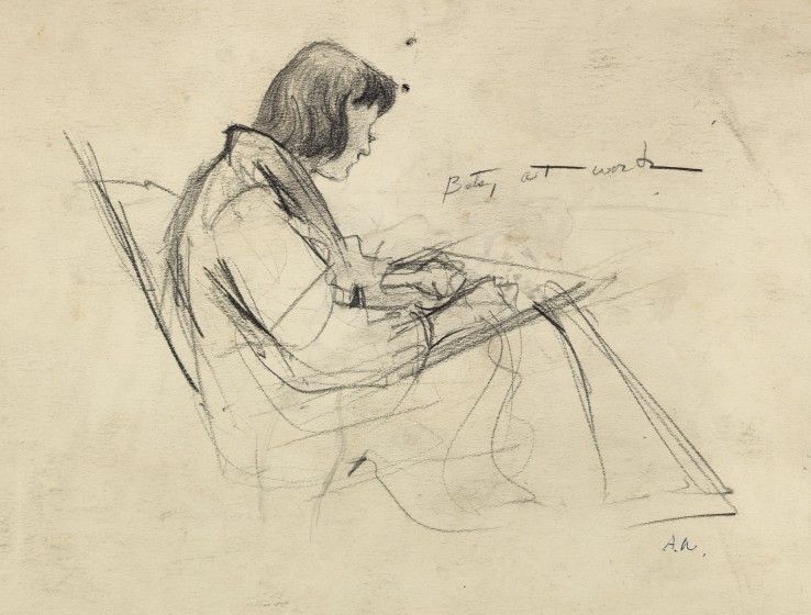 A sketch depicting a woman in a chair, showcasing her relaxed demeanor and serene expression.