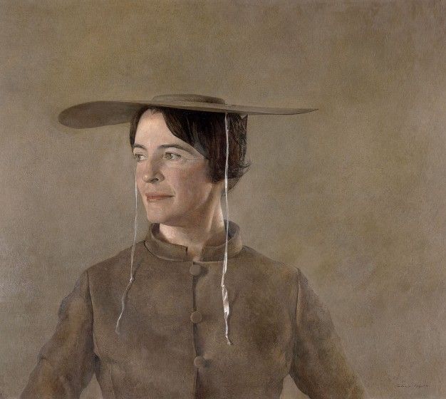 A painting depicting a woman in a stylish hat, showcasing her elegant profile against a soft background.