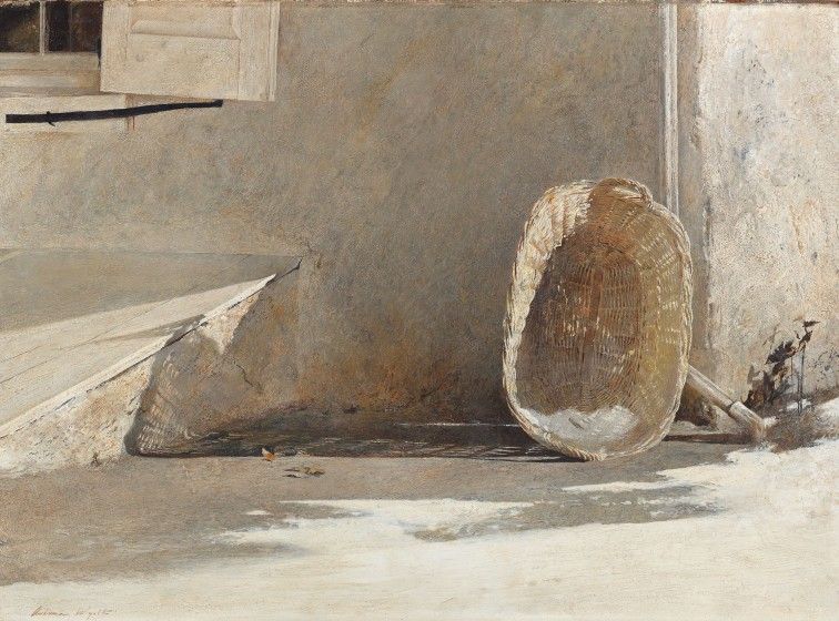 A painting depicting a basket resting on the ground beside a window, with soft light illuminating the scene.