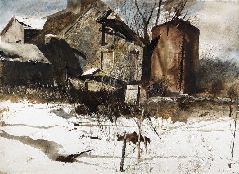 A serene watercolor painting of an old farm blanketed in snow, showcasing a peaceful winter landscape.