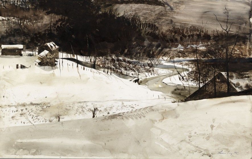 A watercolor painting of a picturesque winter scene with a house and barn surrounded by a blanket of snow.