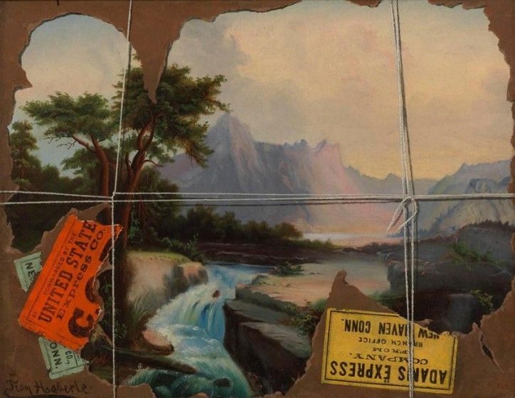 A landscape painting depicting a serene waterfall and mountains, partially obscured by torn paper edges, string, and vintage express shipping labels. The scene blends natural beauty with elements of travel and transport.