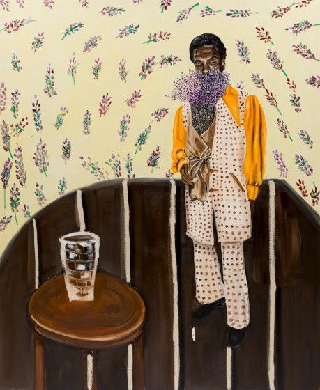 Jerrell Gibbs (b. 1988), Man with Lilacs, 2021. Oil, oil stick on canvas, 69 1/4 x 57 in. The Traci and Mark Lerner Collection