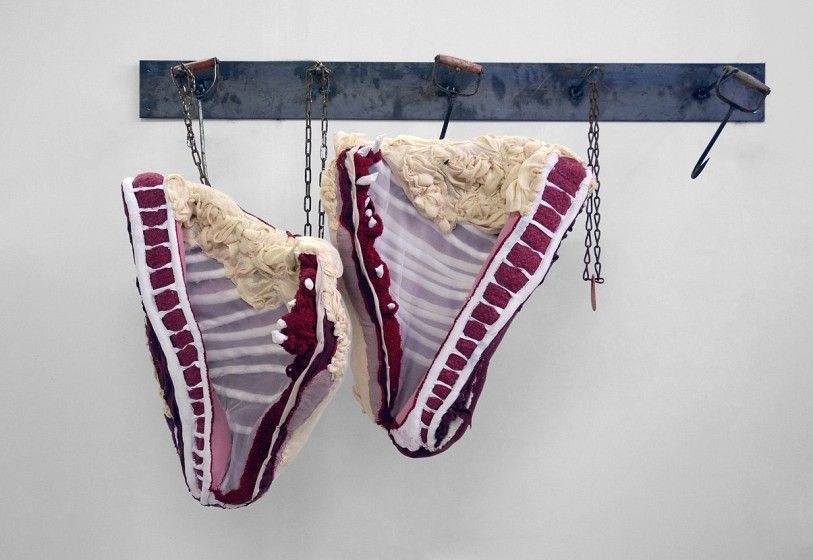 Tamara Kostianovsky, Bound, 2008, Discarded Clothing, metal hooks, chain, 61 x 39 x 15", Courtesy of the Artist, Photo credit Sol Aramendi
