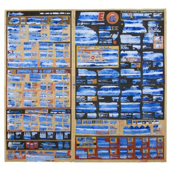 Misha Wyllie, E’s with Orange Stars (Blue ink horizontal stripes), 2020, cut paper, mixed media and acrylic paint on paper, 20" x 21", Courtesy of the artist