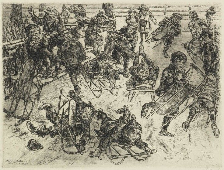 John Sloan (1871–1951), Boys Sledding, 1920, etching on paper, 9 1/2 x 12 1/2 in. Gift of Paul Preston Davis in honor of Helen Farr Sloan and in honor of the 50th anniversary of the Brandywine Conservancy and Museum of Art, 2017