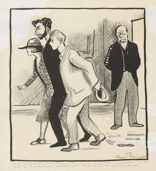 Stuart Davis (1892-1964), Art Students Tracking Mud on His Oriental Carpets is Daily Digestion Spoiler for this 5th Ave. Art Dealer, 1923. Charcoal, ink, and gouache on paper, 21 1/2 x 20 in. Brandywine Museum of Art, Bequest of Ruth A. Yerion, 1990