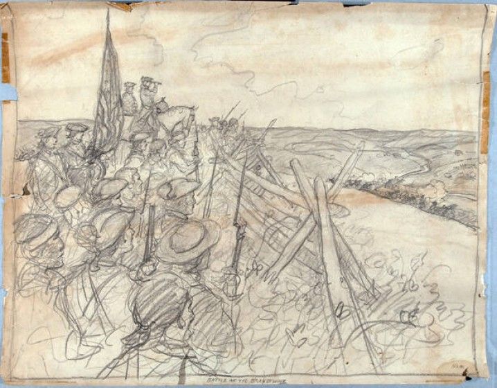 N.C. Wyeth, Battle of the Brandywine, ca. 1941. Charcoal on paper, 18 1/4 x 23 1/4 in. The Andrew and Betsy Wyeth Collection