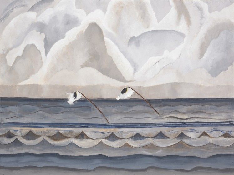A painting of a calm ocean under large clouds, with gentle waves in muted colors. Two white seabirds glide low over the water, creating a peaceful scene.