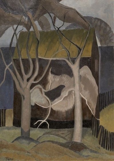 A stylized painting shows two bare trees in front of a dark house with a green roof. Large pale leaves fill the foreground, giving the quiet scene an abstract, dreamlike feel.