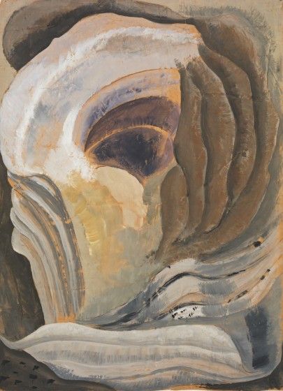 An abstract painting uses flowing shapes in soft gray, cream, and brown tones. The curved forms resemble a large shell or folded rock, creating a calm, organic composition.