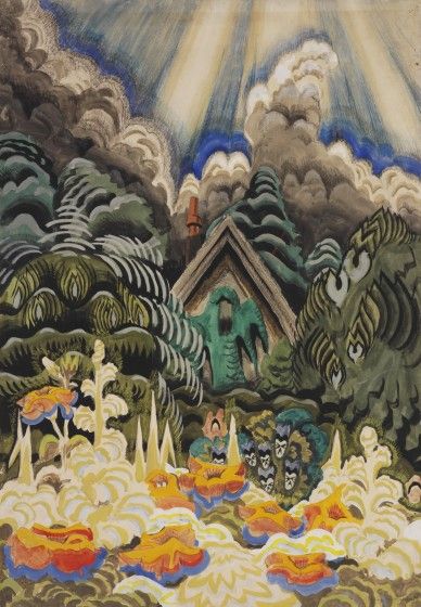 A small cottage sits amid stylized, swirling green trees and clouds beneath rays of golden light. Bright orange, yellow, and blue flowers fill the foreground like a colorful garden.