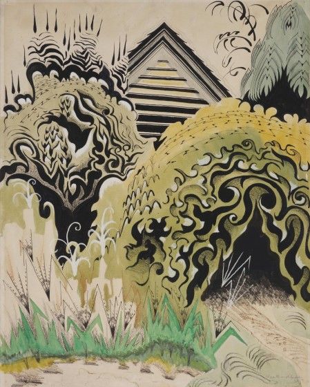 A stylized landscape features a striped mountain surrounded by swirling hills and dense, abstract vegetation.