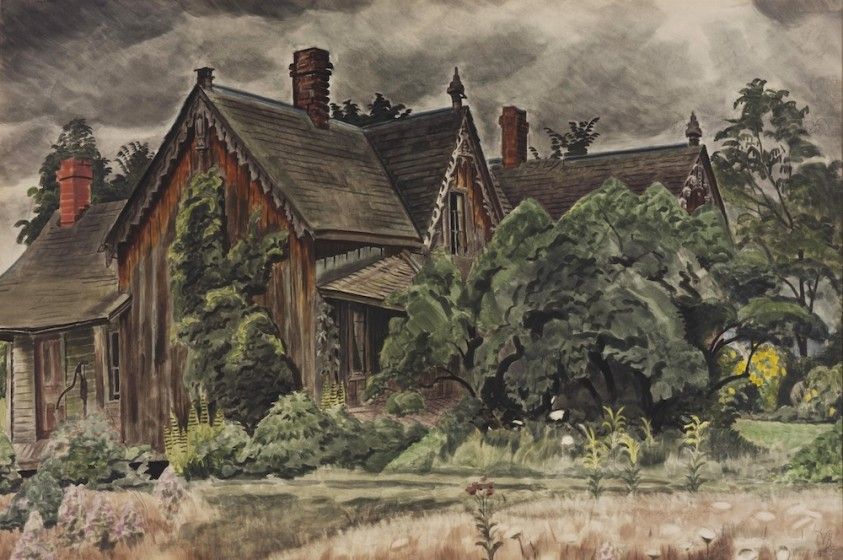 A rustic cluster of steep-roofed wooden houses sits among dense green trees and gardens. Dark storm clouds fill the sky, creating a moody, peaceful atmosphere.