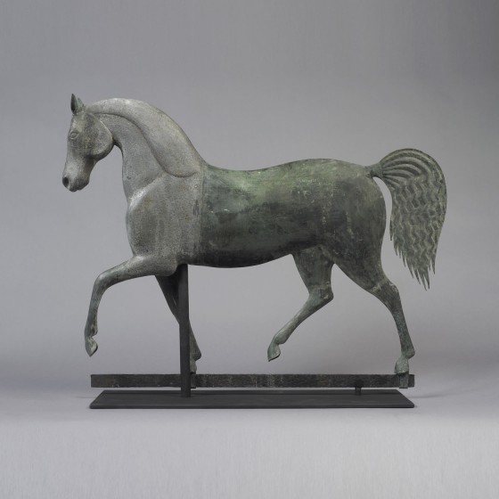 “Index Horse” weathervane, attributed to J. Howard & Co., Bridgewater, Massachusetts, circa 1850, copper and cast zinc, 20 x 24 inches, Private Collection.