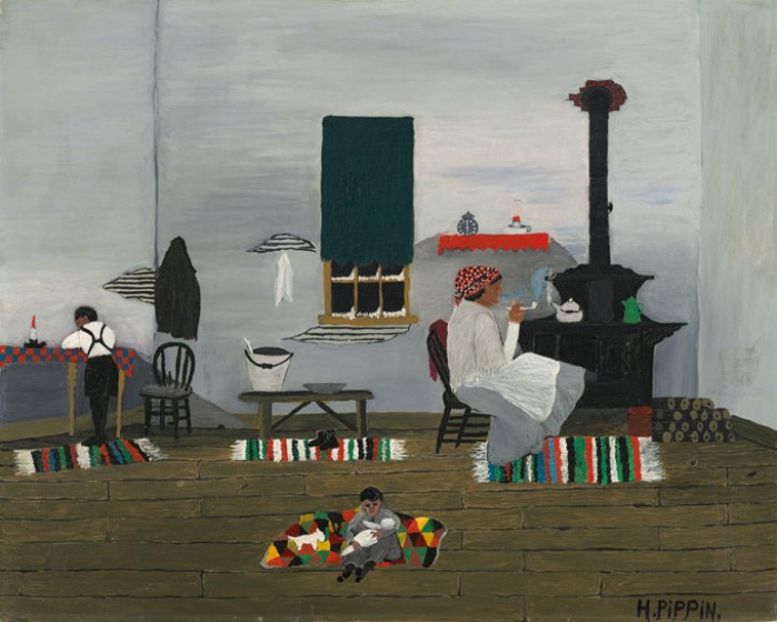 Horace Pippin (1888-1946), Interior (also known as Interior of Cabin), 1944, oil on fabric. National Gallery of Art, Washington, D.C. Gift of Mr. and Mrs. Meyer P. Potamkin in honor of the Fiftieth Anniversary of the National Gallery of Art, 1991