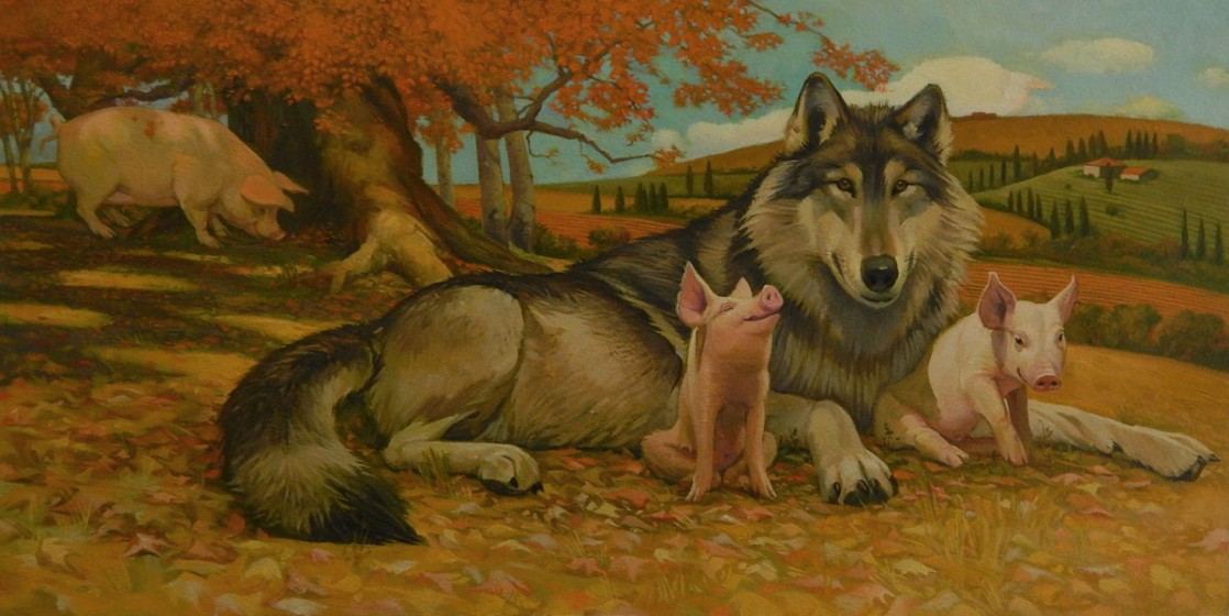 “From that moment on, the three pigs and the wolf spent their days together.”