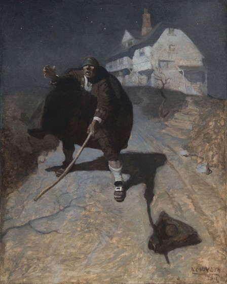 N. C. Wyeth, Tapping up and down the road in a frenzy, and groping and calling for his comrades, 1911, Oil on canvas, 47 x 38 inches, The Andrew and Betsy Wyeth Collection