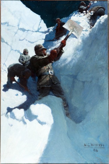 N. C. Wyeth, "From an upper snow platform to which the hard blocks were thrown, a second man heaved them over the bank,” 1906, Oil on canvas, 52 ¼ x 37 inches, Brandywine River Museum of Art, Gift of Mr. and Mrs. Richard M. Scaife, 1992