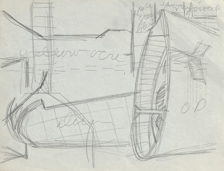 Ralston Crawford (1906-1978), Curtiss Aircraft Plant Study—Wing Fixture, 1945, Pencil on paper, 8 x 10 1/2 in., Vilcek Collection