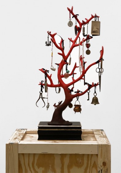 Mark Dion, Blood Coral, 2019. Cast resin and assorted items on wooden crate. 81 1/2 x 26 1/2 x 17 in. Courtesy of the artist and Tanya Bonakdar Gallery, New York / Los Angeles