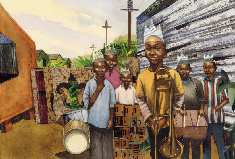 Illustration by Bryan Collier for Trombone Shorty, written by Troy Andrews (Abrams Books for Young Readers, 2015)