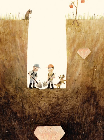 SAM & DAVE DIG A HOLE. Text copyright © 2014 by Mac Barnett. Illustrations copyright © 2014 by Jon Klassen. Reproduced by permission of the publisher, Candlewick Press, Somerville, MA.