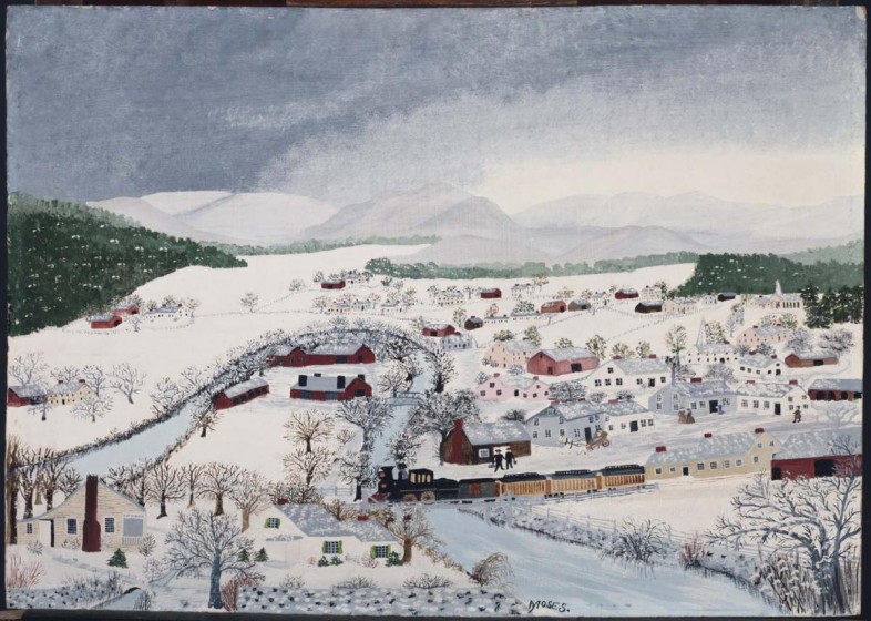 Anna Mary Robertson “Grandma” Moses (1860-1961), Hoosick Falls in Winter, 1944 Oil on Masonite, 19 ¾ x 23 ¾ inches The Phillips Collection Museum 
