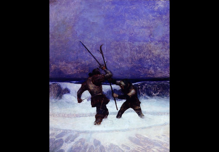 N.C. Wyeth, They were now fighting above the knees in the spume and bubble of the breakers, oil on canvas, 1916, illustration for The Black Arrow. Collection of the Brandywine River Museum of Art, Gift of Mr. and Mrs. S. Hallock du Pont, Jr., 1992.