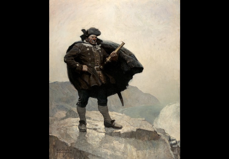 N.C. Wyeth, All day he hung round the cove, or upon the cliffs, with a brass telescope, 1911.